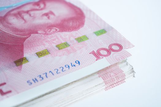 Yuan banknotes from China's currency, Chinese banknotes isolated on white background.