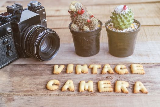 Old retro camera on vintage wooden boards with vintage camera text, abstract background
