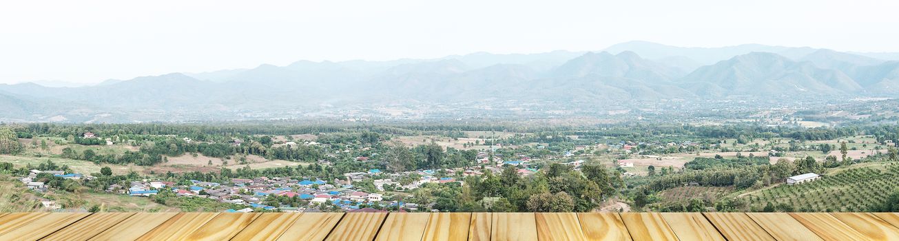 Empty old wooden over view on the top of the hill during morning sunrise at yun lai viewpoint, pai, thailand, panorama view