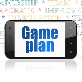 Finance concept: Smartphone with  blue text Game Plan on display,  Tag Cloud background, 3D rendering