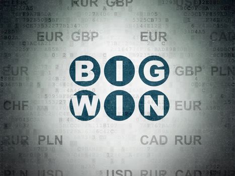 Business concept: Painted blue text Big Win on Digital Data Paper background with Currency