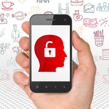 Business concept: Hand Holding Smartphone with  red Head With Padlock icon on display,  Hand Drawn Business Icons background, 3D rendering