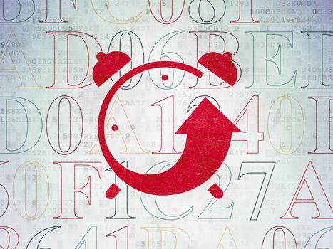 Time concept: Painted red Alarm Clock icon on Digital Data Paper background with  Hexadecimal Code