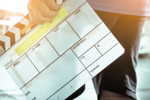 Film Slate, close up image of film production crew holding Film Slate on set
