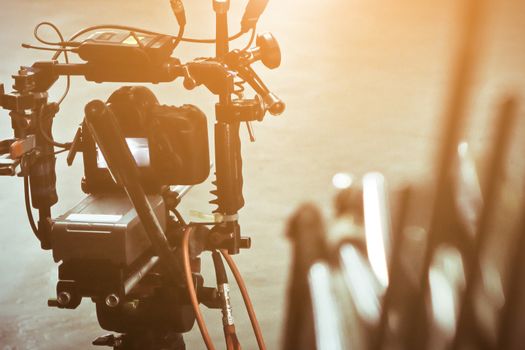 detail of Video camera viewfinder, film crew production, behind the scenes background