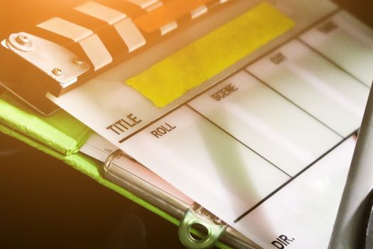detail of film slate close up. Behind the scene background.,film idustry equipment