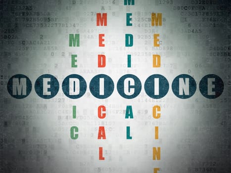 Medicine concept: Painted blue word Medicine in solving Crossword Puzzle on Digital Data Paper background
