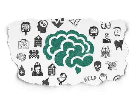 Medicine concept: Painted green Brain icon on Torn Paper background with  Hand Drawn Medicine Icons