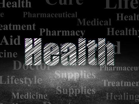 Healthcare concept: Glowing text Health in grunge dark room with Dirty Floor, black background with  Tag Cloud