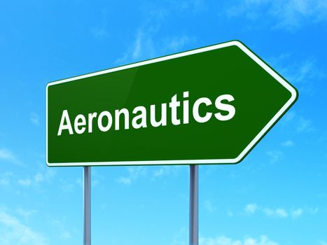 Science concept: Aeronautics on green road highway sign, clear blue sky background, 3D rendering