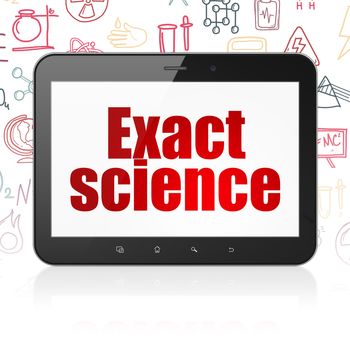 Science concept: Tablet Computer with  red text Exact Science on display,  Hand Drawn Science Icons background, 3D rendering