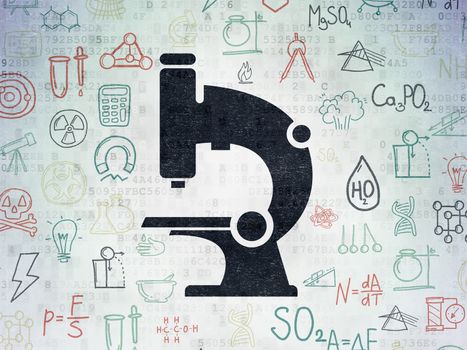 Science concept: Painted black Microscope icon on Digital Data Paper background with  Hand Drawn Science Icons