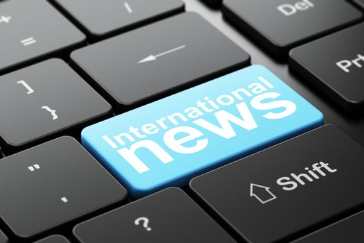 News concept: computer keyboard with word International News, selected focus on enter button background, 3D rendering
