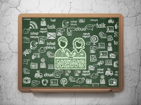 News concept: Chalk Green Anchorman icon on School board background with  Hand Drawn News Icons, 3D Rendering