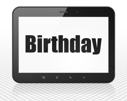 Holiday concept: Tablet Pc Computer with black text Birthday on display, 3D rendering