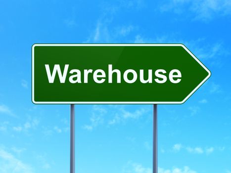Industry concept: Warehouse on green road highway sign, clear blue sky background, 3D rendering
