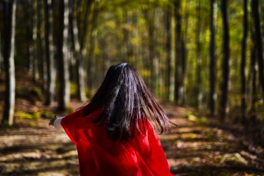 Little Red Riding Hood run in the woodland
