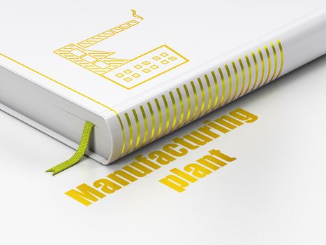 Manufacuring concept: closed book with Gold Industry Building icon and text Manufacturing Plant on floor, white background, 3D rendering