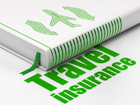 Insurance concept: closed book with Green Airplane And Palm icon and text Travel Insurance on floor, white background, 3D rendering