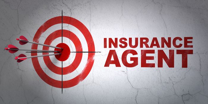 Success Insurance concept: arrows hitting the center of target, Red Insurance Agent on wall background, 3D rendering