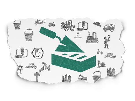 Building construction concept: Painted green Brick Wall icon on Torn Paper background with  Hand Drawn Building Icons