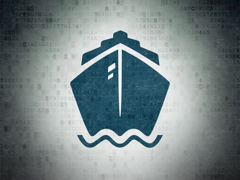 Vacation concept: Painted blue Ship icon on Digital Data Paper background