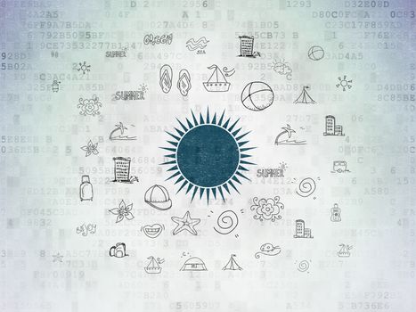 Tourism concept: Painted blue Sun icon on Digital Data Paper background with  Hand Drawn Vacation Icons