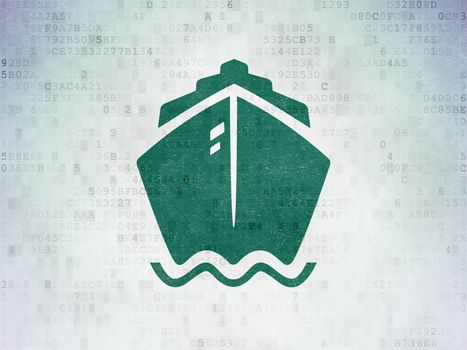 Travel concept: Painted green Ship icon on Digital Data Paper background