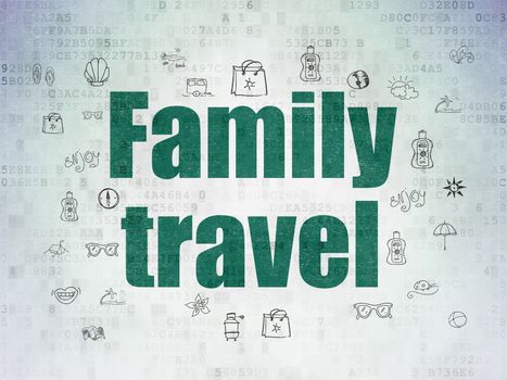 Travel concept: Painted green text Family Travel on Digital Data Paper background with  Hand Drawn Vacation Icons