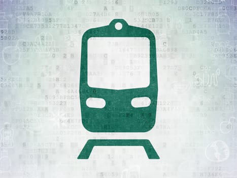 Vacation concept: Painted green Train icon on Digital Data Paper background with  Hand Drawn Vacation Icons