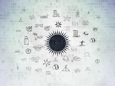 Tourism concept: Painted black Sun icon on Digital Data Paper background with  Hand Drawn Vacation Icons