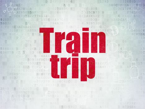 Travel concept: Painted red text Train Trip on Digital Data Paper background with  Scheme Of Hand Drawn Vacation Icons