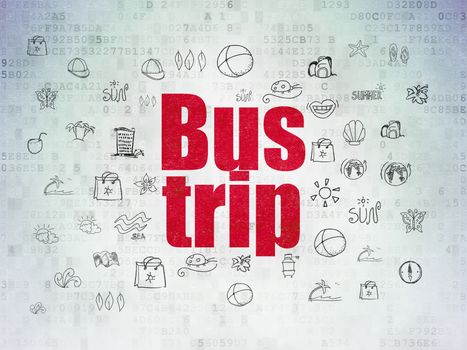 Vacation concept: Painted red text Bus Trip on Digital Data Paper background with  Hand Drawn Vacation Icons