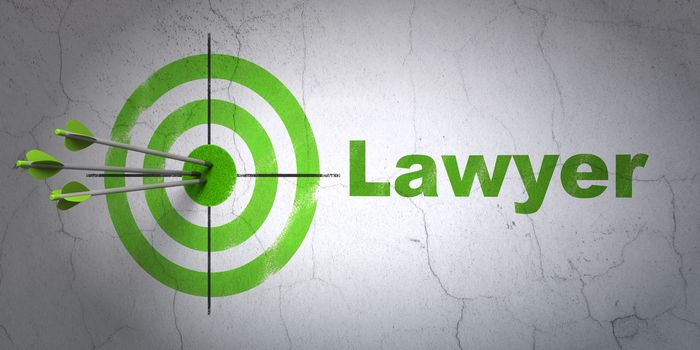 Success law concept: arrows hitting the center of target, Green Lawyer on wall background, 3D rendering