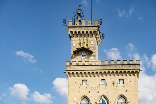 San Marino - June 18: Central square of San Marino with the Public Palace and statue of Liberty on June 18, 2017 in Sam Marino Republic