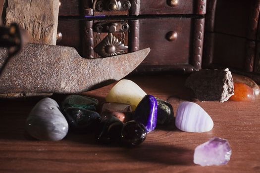 Precious stones and minerals on a wooden table