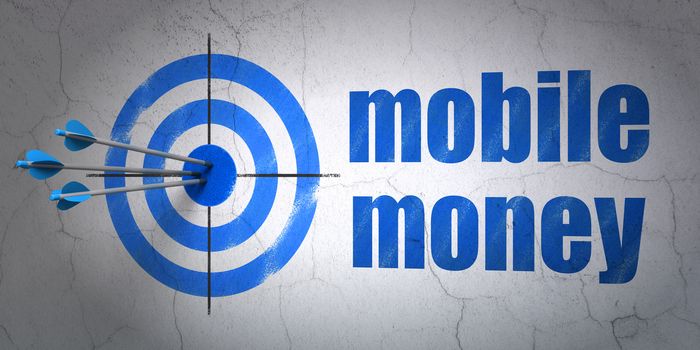 Success banking concept: arrows hitting the center of target, Blue Mobile Money on wall background, 3D rendering