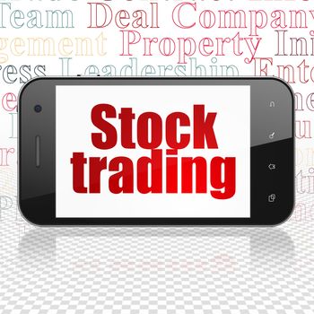 Finance concept: Smartphone with  red text Stock Trading on display,  Tag Cloud background, 3D rendering