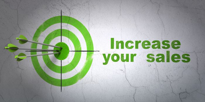 Success business concept: arrows hitting the center of target, Green Increase Your  Sales on wall background, 3D rendering