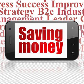 Business concept: Smartphone with  red text Saving Money on display,  Tag Cloud background, 3D rendering