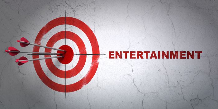 Success entertainment, concept: arrows hitting the center of target, Red Entertainment on wall background, 3D rendering