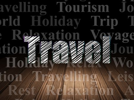 Travel concept: Glowing text Travel in grunge dark room with Wooden Floor, black background with  Tag Cloud