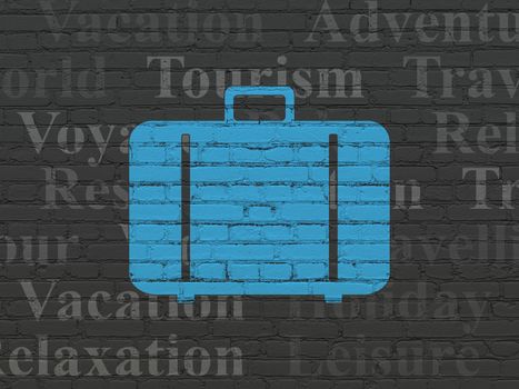 Travel concept: Painted blue Bag icon on Black Brick wall background with  Tag Cloud