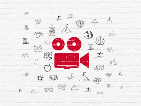 Tourism concept: Painted red Camera icon on White Brick wall background with  Hand Drawn Vacation Icons
