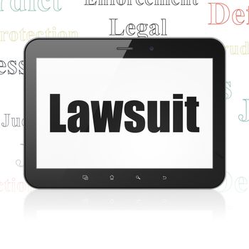 Law concept: Tablet Computer with  black text Lawsuit on display,  Tag Cloud background, 3D rendering