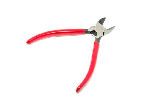 Red open and handled pliers  on a white background.Tools series.