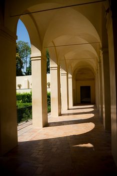 Seville, Spain - June 19: Courtyard in the in the Alcazar garden, Seville, Spain on June 19, 2017.