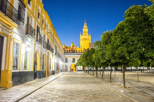 The Giralda bell tower lit up at night in Seville, Spain, Europe