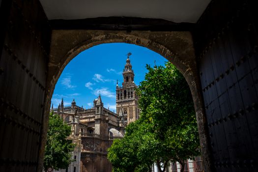 The Giralda Bell tower in Seville, Spain, Europe