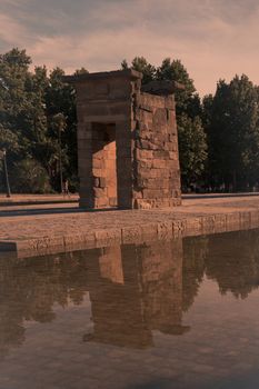 Madrid Templo de Debod ancient Egyptian temple spotlit panorama Spain, Madrid, Europe